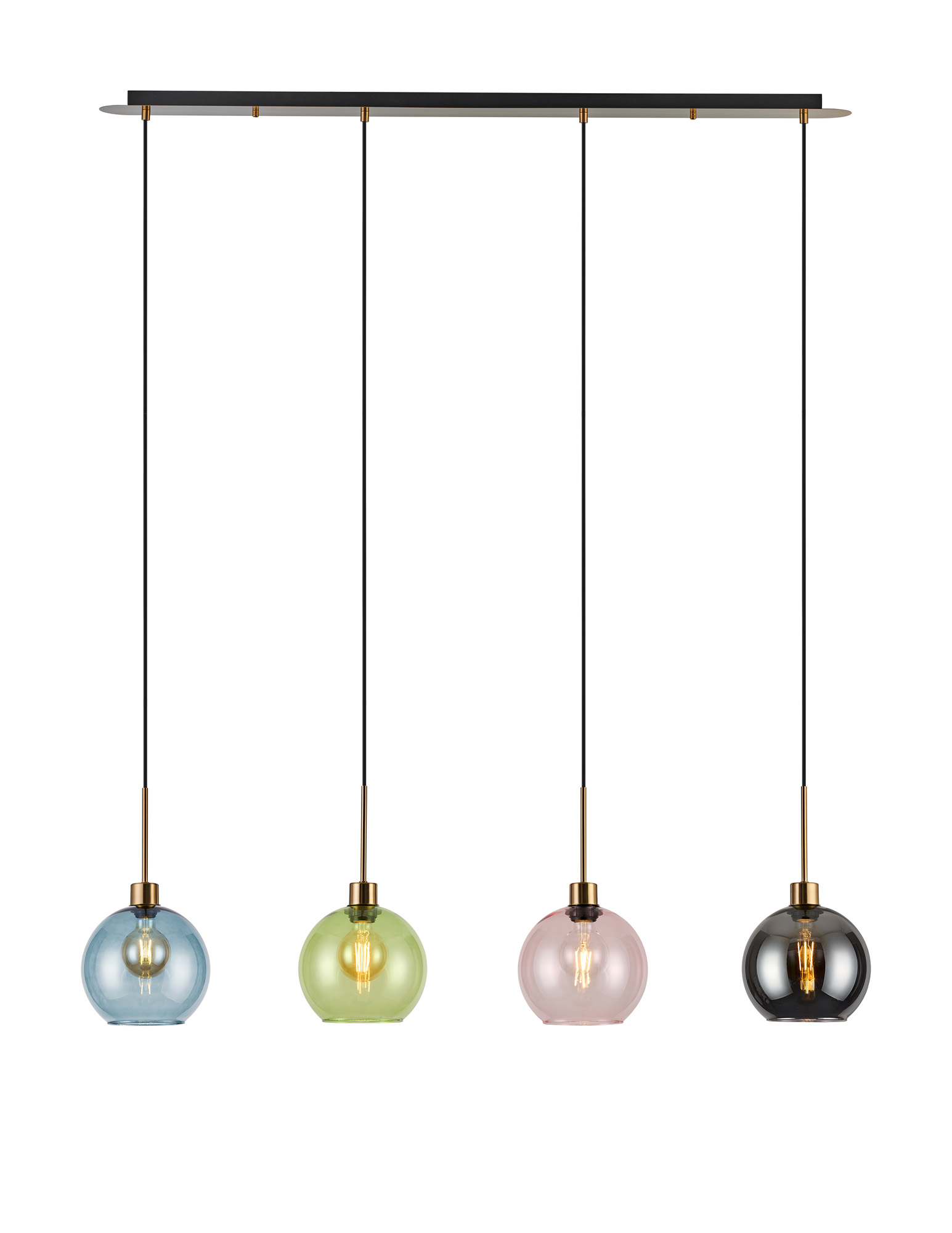 DK1228  Lori Linear Pendant, 4 Light Adjustable E27, Antique Gold/Blue/Green/Pink/Smoke Open Mouth Round Globe Shades